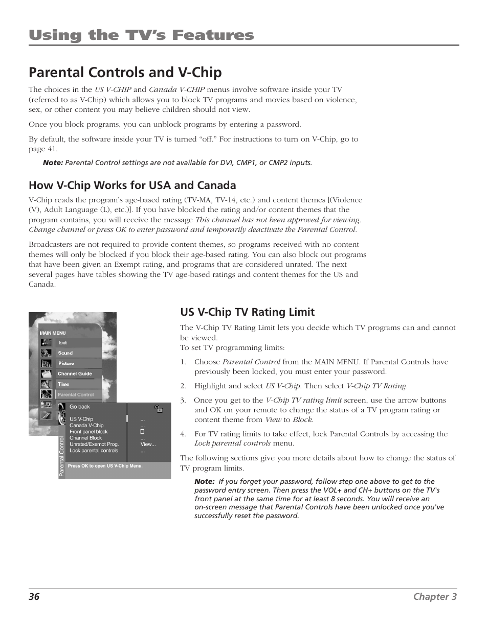 Using the tv’s features, Parental controls and v-chip, How v-chip works for usa and canada | Us v-chip tv rating limit | RCA Scenium D44LPW134 User Manual | Page 38 / 64