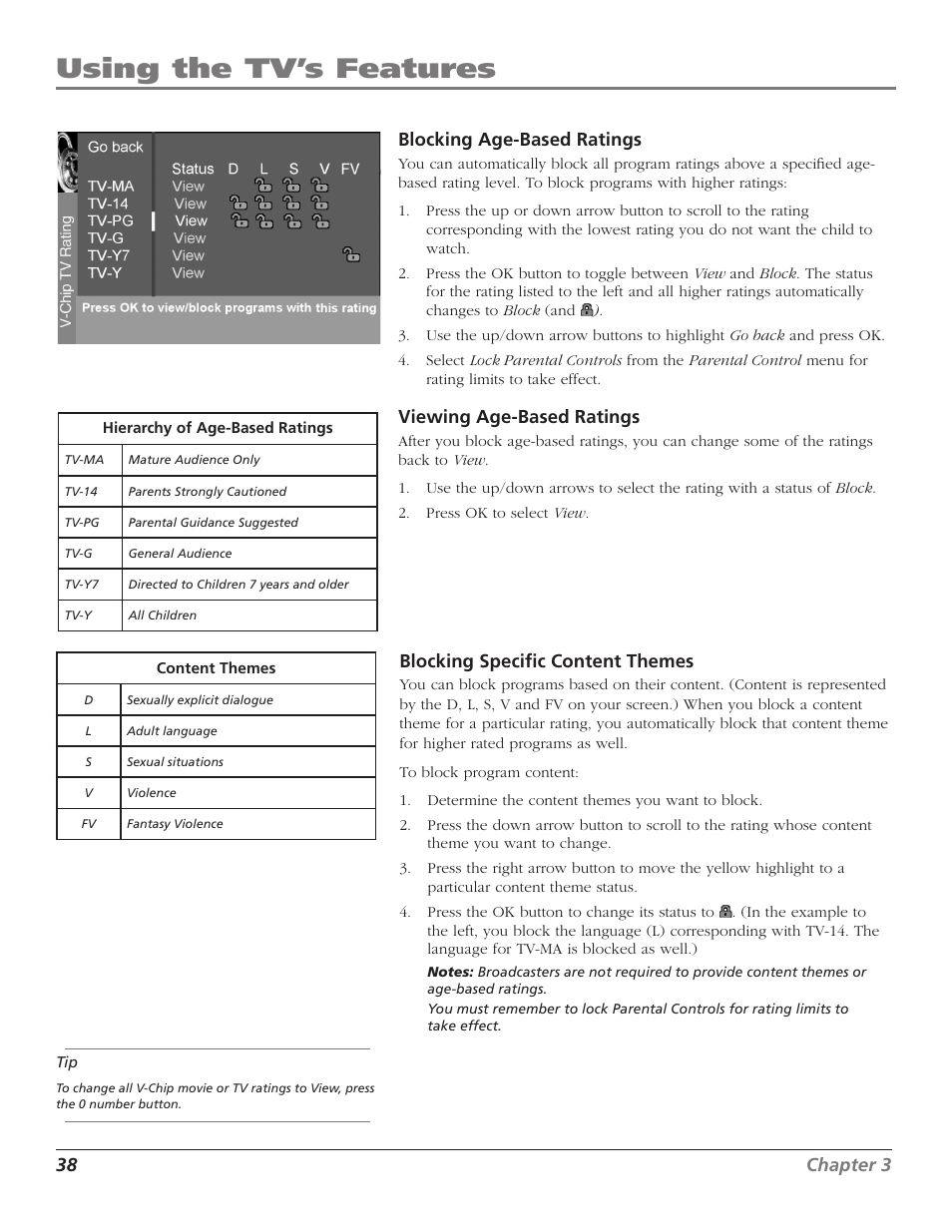 Using the tv’s features, 38 chapter 3 blocking age-based ratings, Viewing age-based ratings | Blocking speciﬁc content themes | RCA Scenium D44LPW134 User Manual | Page 40 / 64