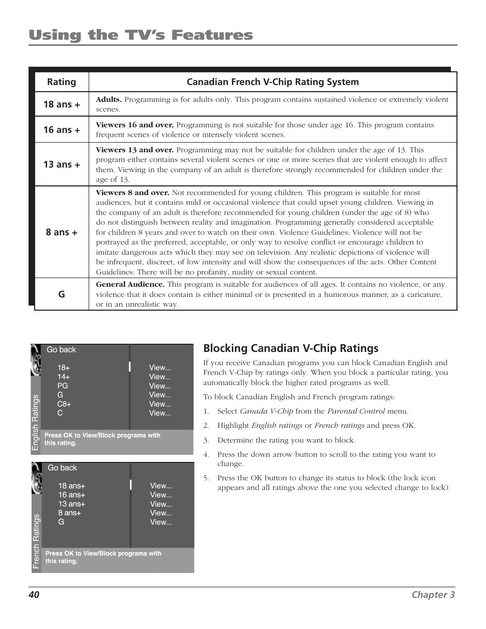 Using the tv’s features, Blocking canadian v-chip ratings | RCA Scenium D44LPW134 User Manual | Page 42 / 64