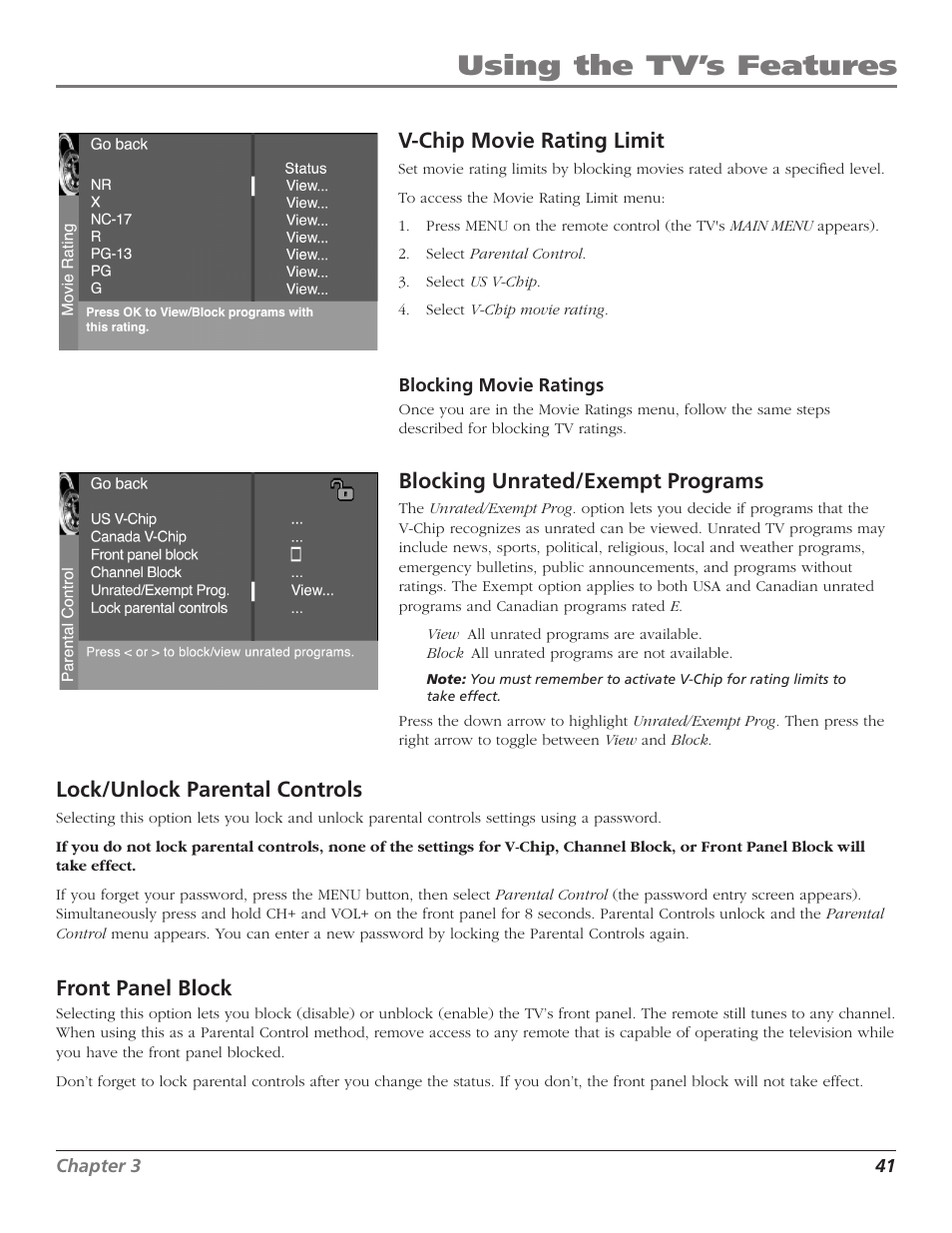 Using the tv’s features, V-chip movie rating limit, Blocking unrated/exempt programs | Lock/unlock parental controls, Front panel block | RCA Scenium D44LPW134 User Manual | Page 43 / 64