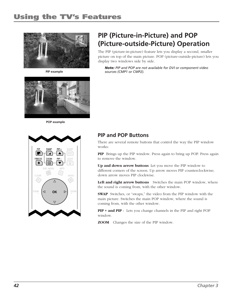 Using the tv’s features, Pip and pop buttons | RCA Scenium D44LPW134 User Manual | Page 44 / 64