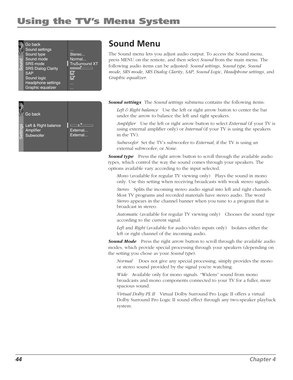 Using the tv’s menu system sound menu | RCA Scenium D44LPW134 User Manual | Page 46 / 64