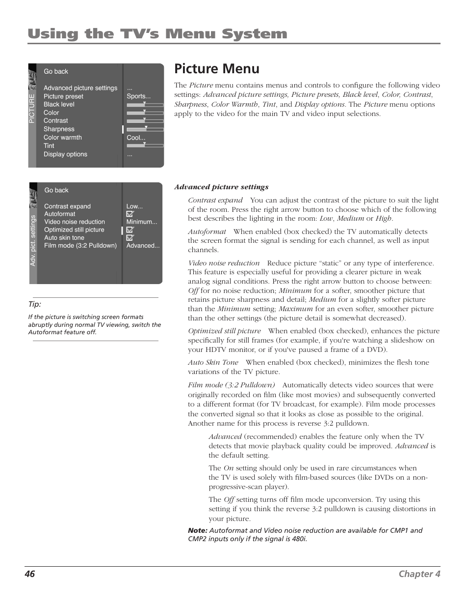 Using the tv’s menu system picture menu | RCA Scenium D44LPW134 User Manual | Page 48 / 64