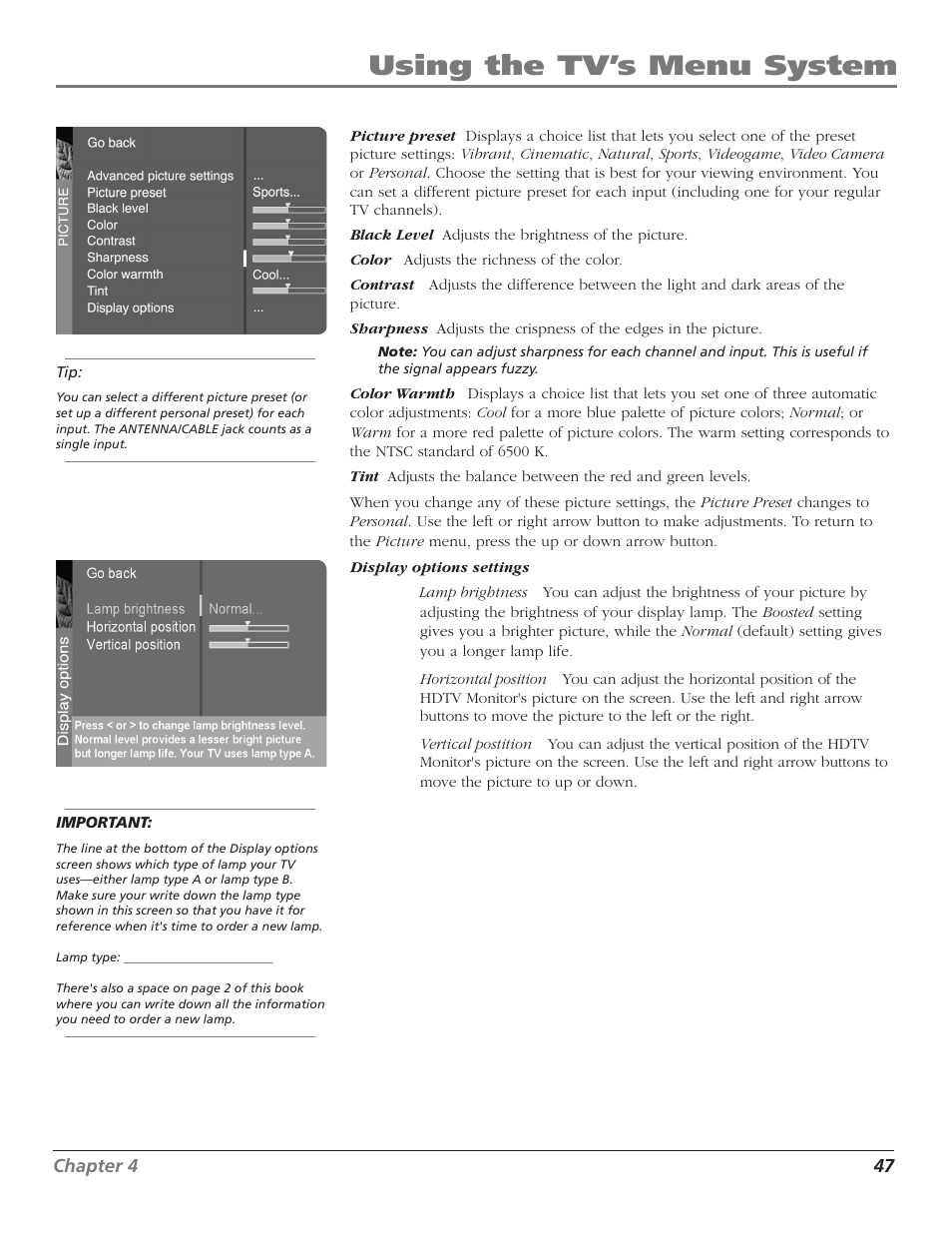 Using the tv’s menu system | RCA Scenium D44LPW134 User Manual | Page 49 / 64