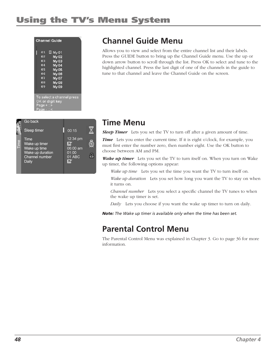 Using the tv’s menu system channel guide menu, Time menu, Parental control menu | RCA Scenium D44LPW134 User Manual | Page 50 / 64