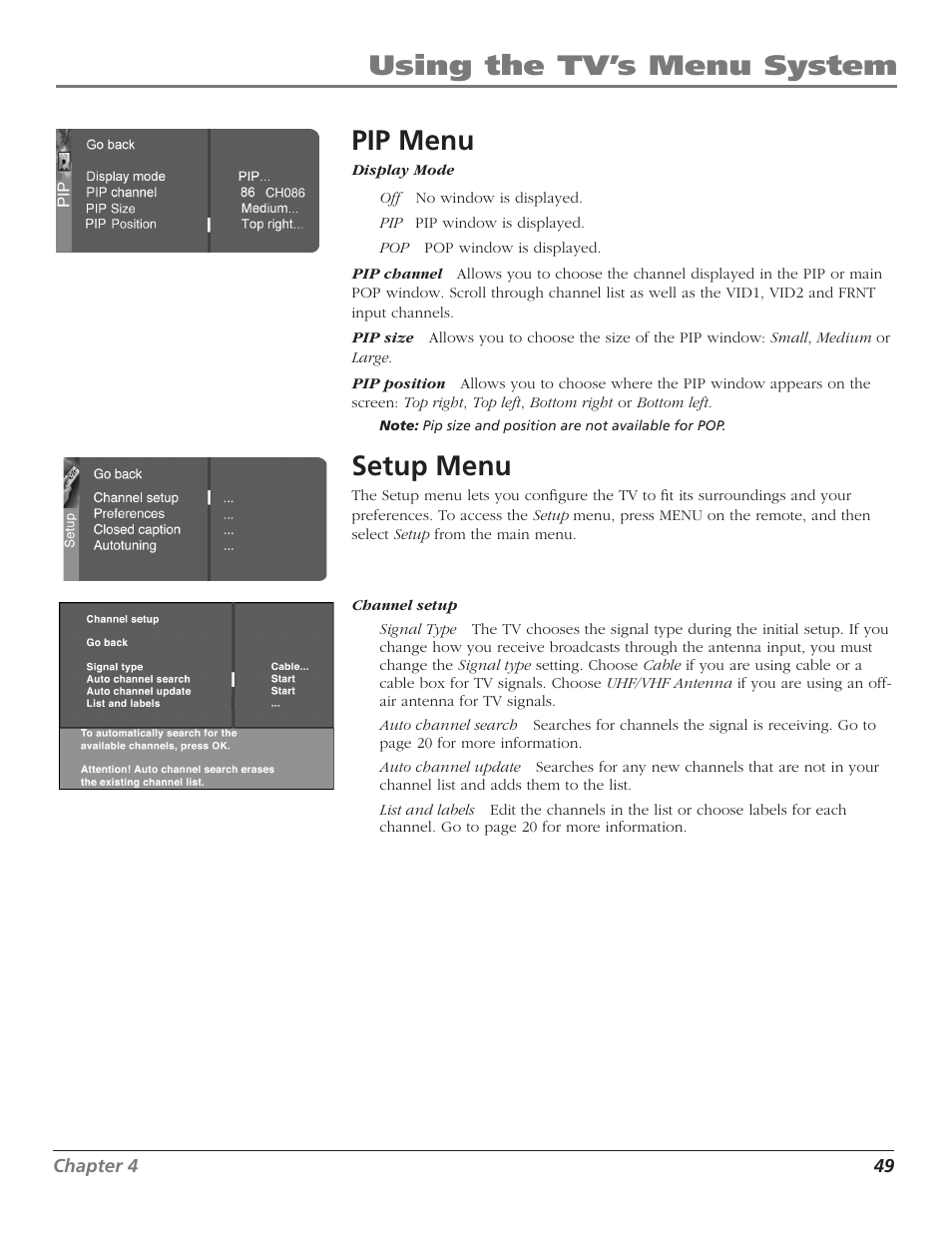 Using the tv’s menu system pip menu, Setup menu | RCA Scenium D44LPW134 User Manual | Page 51 / 64