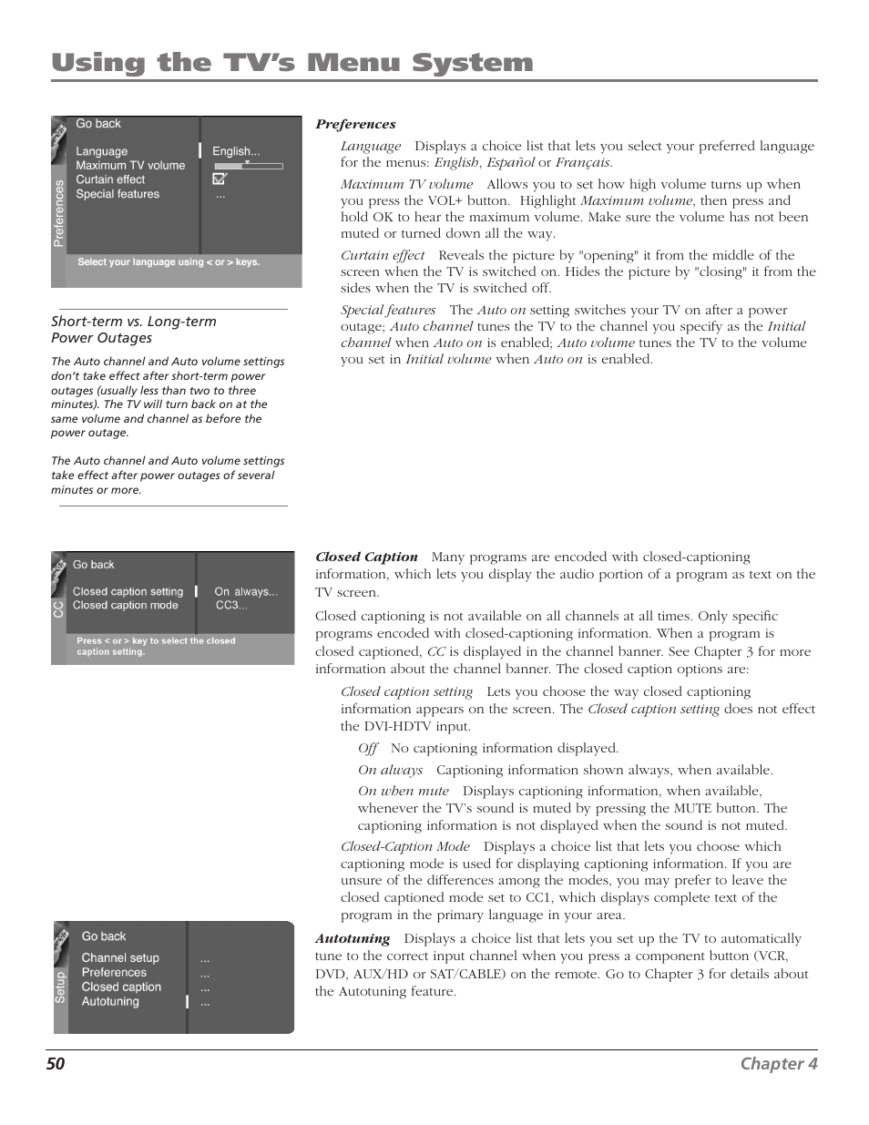 Using the tv’s menu system | RCA Scenium D44LPW134 User Manual | Page 52 / 64