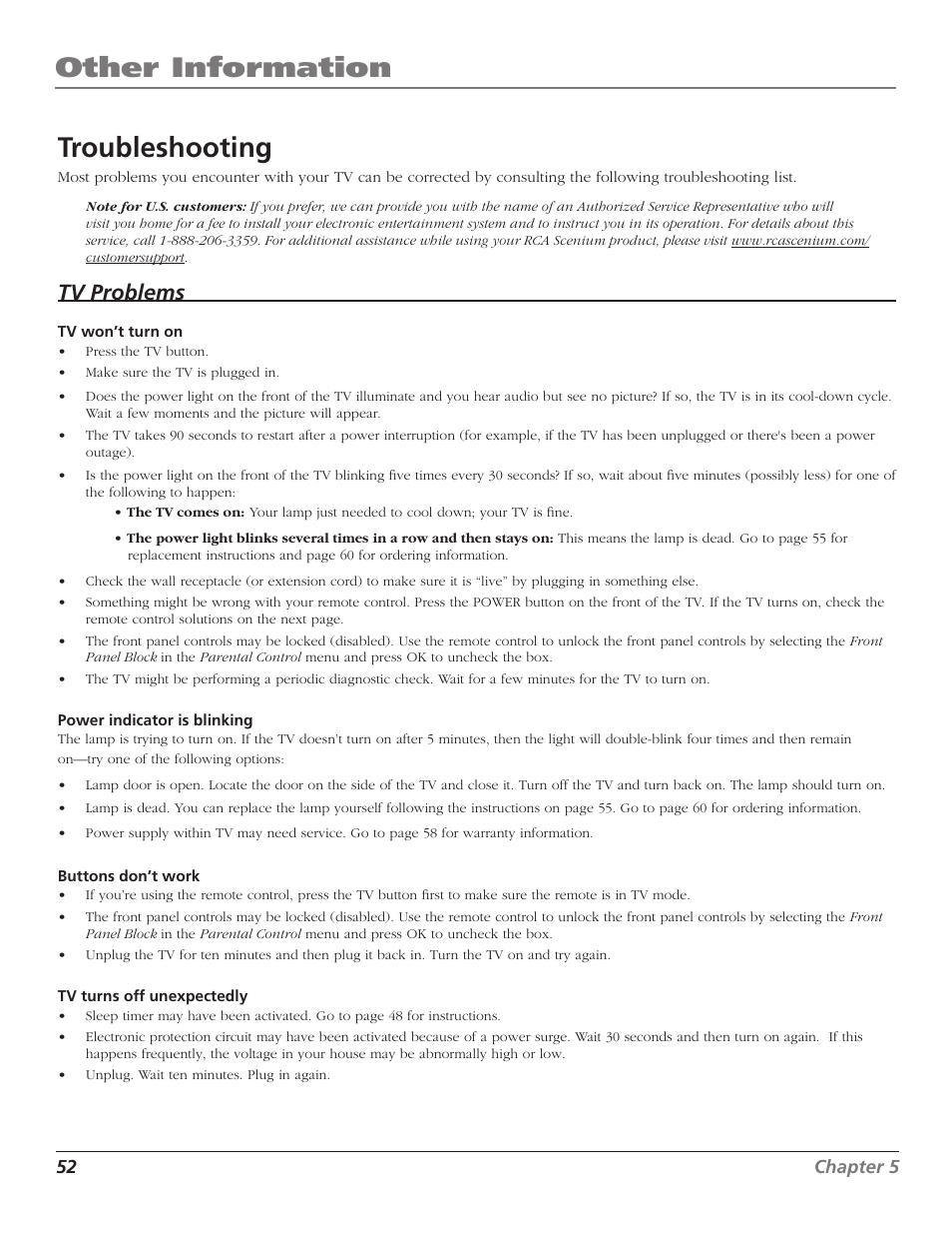 Other information, Troubleshooting, Tv problems | RCA Scenium D44LPW134 User Manual | Page 54 / 64