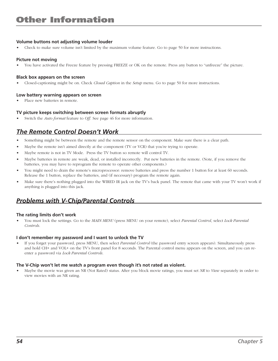 Other information, The remote control doesn’t work, Problems with v-chip/parental controls | RCA Scenium D44LPW134 User Manual | Page 56 / 64