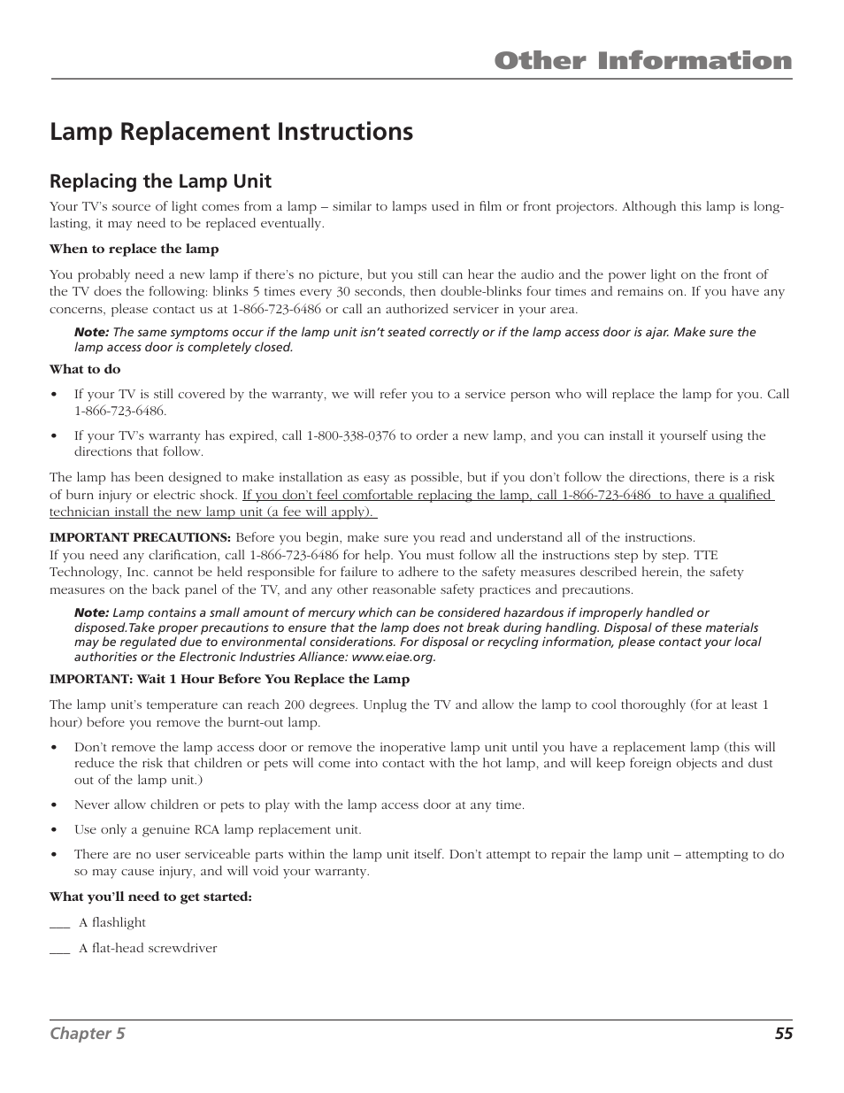 Other information, Lamp replacement instructions, Replacing the lamp unit | RCA Scenium D44LPW134 User Manual | Page 57 / 64