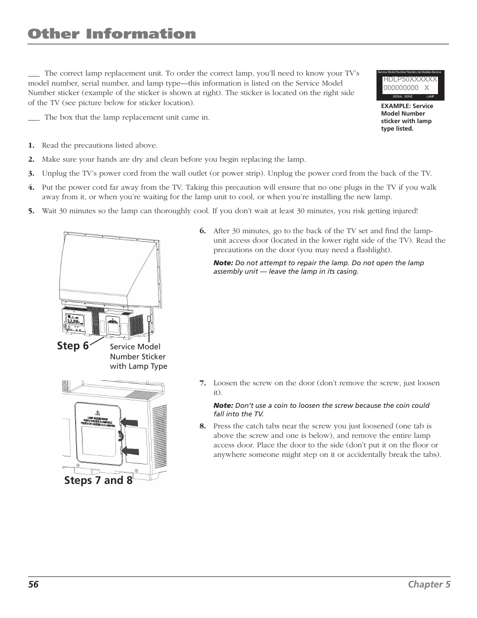 Other information, Step 6, Steps 7 and 8 | RCA Scenium D44LPW134 User Manual | Page 58 / 64