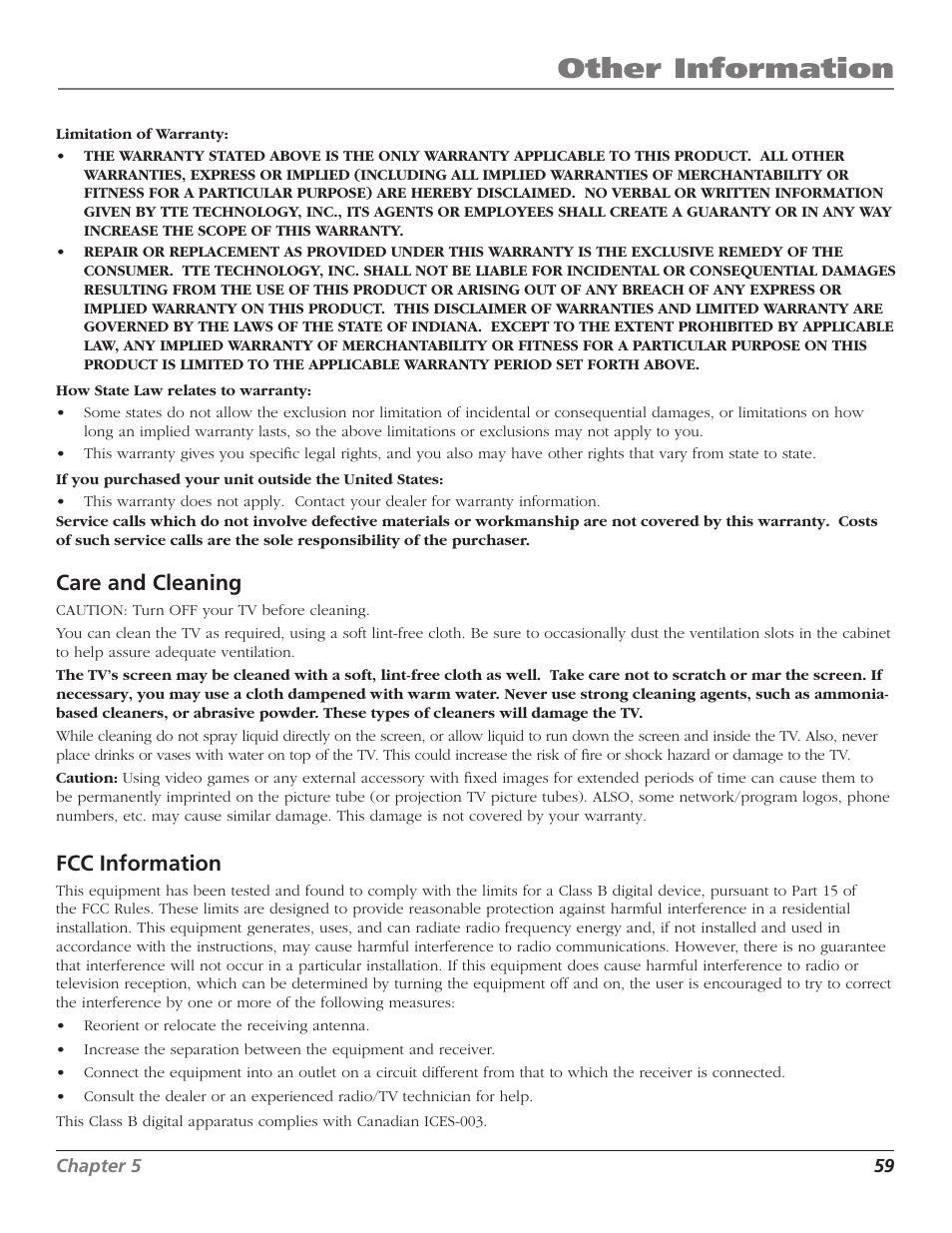 Other information, Care and cleaning, Fcc information | RCA Scenium D44LPW134 User Manual | Page 61 / 64