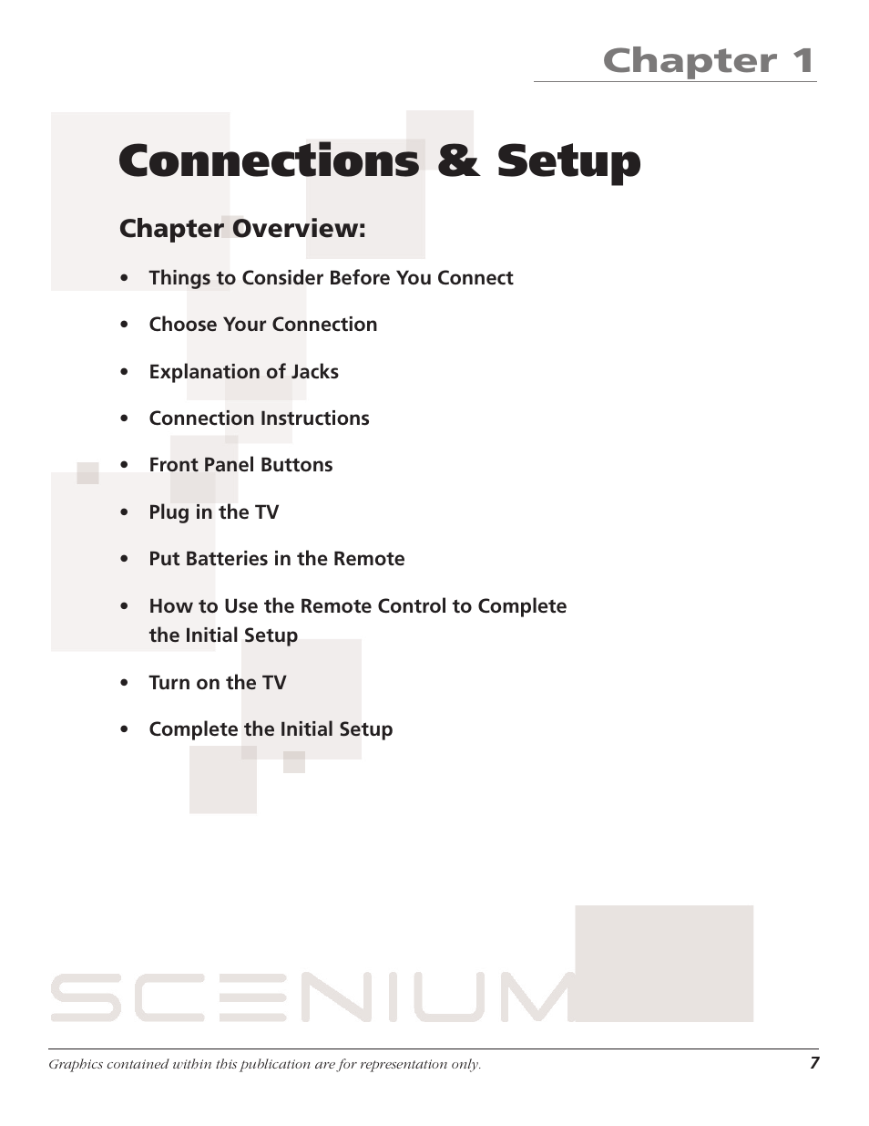 Chapter 1: connections & setup, Connections & setup, Chapter 1 | Chapter overview | RCA Scenium D44LPW134 User Manual | Page 9 / 64