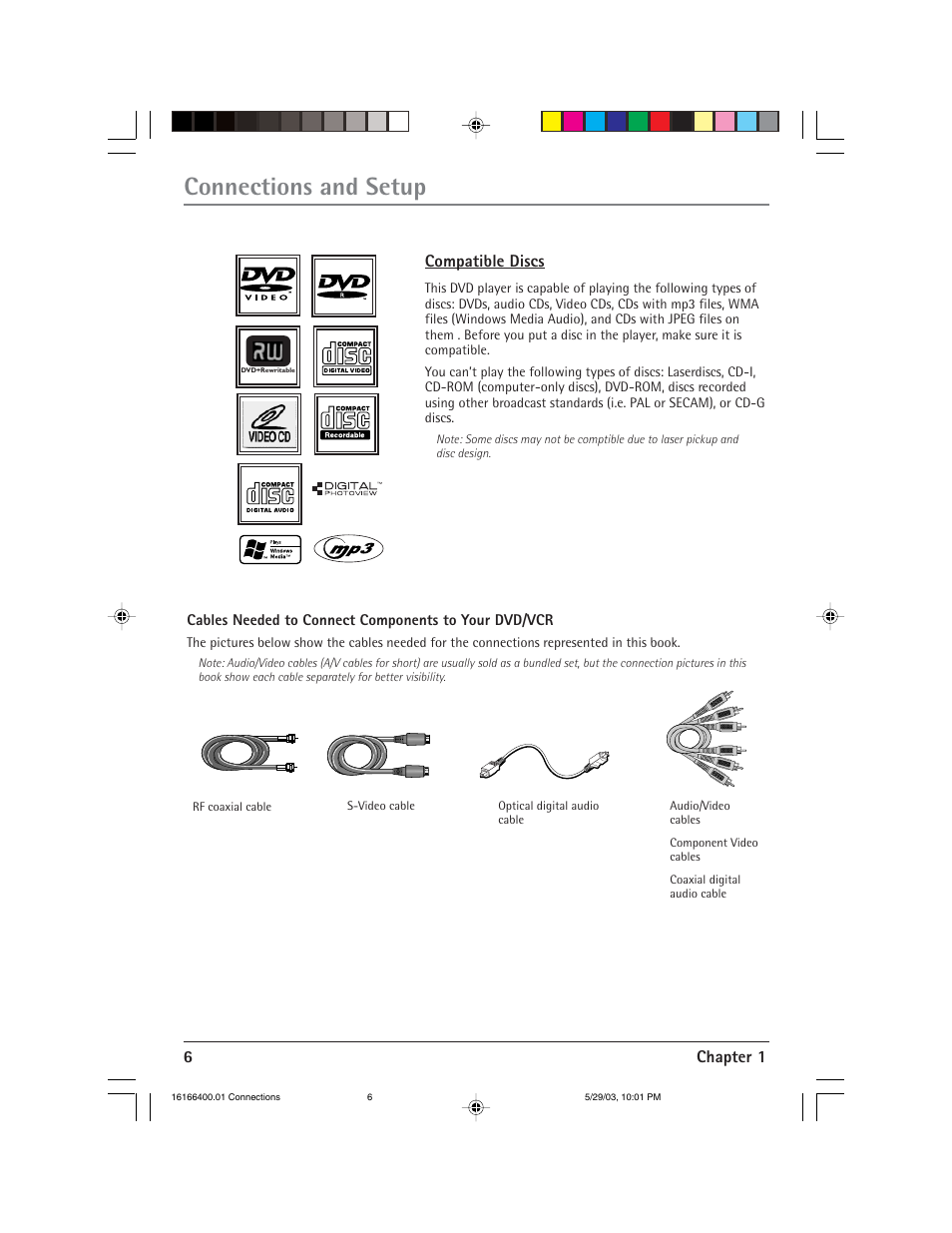 Connections and setup, 6chapter 1, Compatible discs | RCA DVD/VCR User Manual | Page 10 / 68