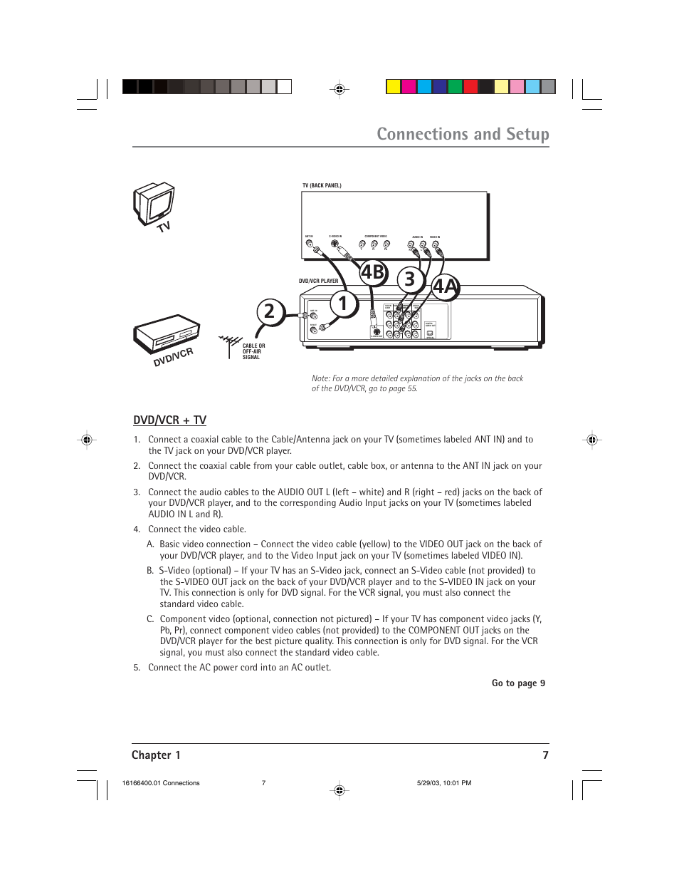 Connections and setup, Chapter 1 7, Dvd/vcr + tv | RCA DVD/VCR User Manual | Page 11 / 68