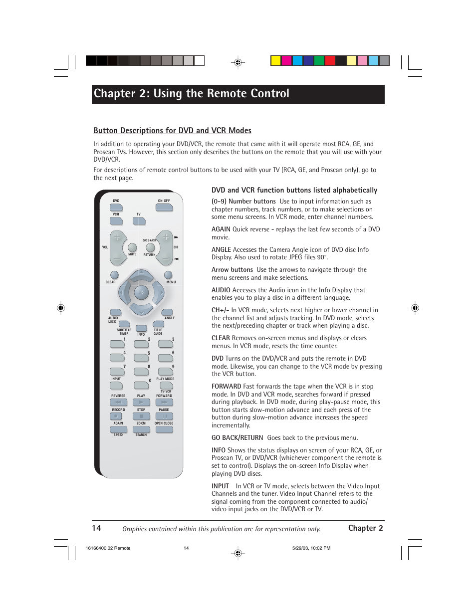 Chapter 2: using the remote control, 14 chapter 2, Button descriptions for dvd and vcr modes | Dvd and vcr function buttons listed alphabetically | RCA DVD/VCR User Manual | Page 18 / 68