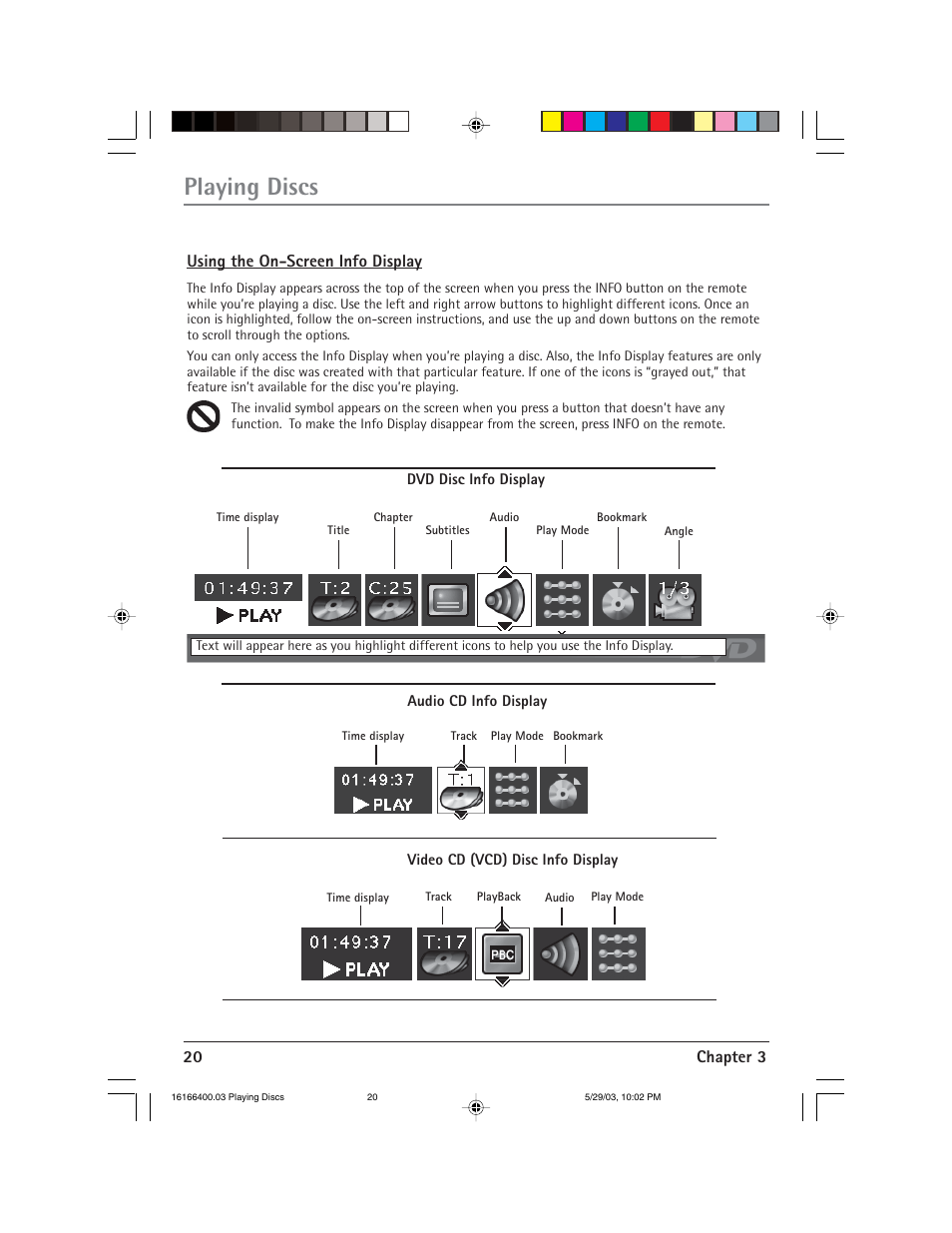 Playing discs, 20 chapter 3, Using the on-screen info display | RCA DVD/VCR User Manual | Page 24 / 68