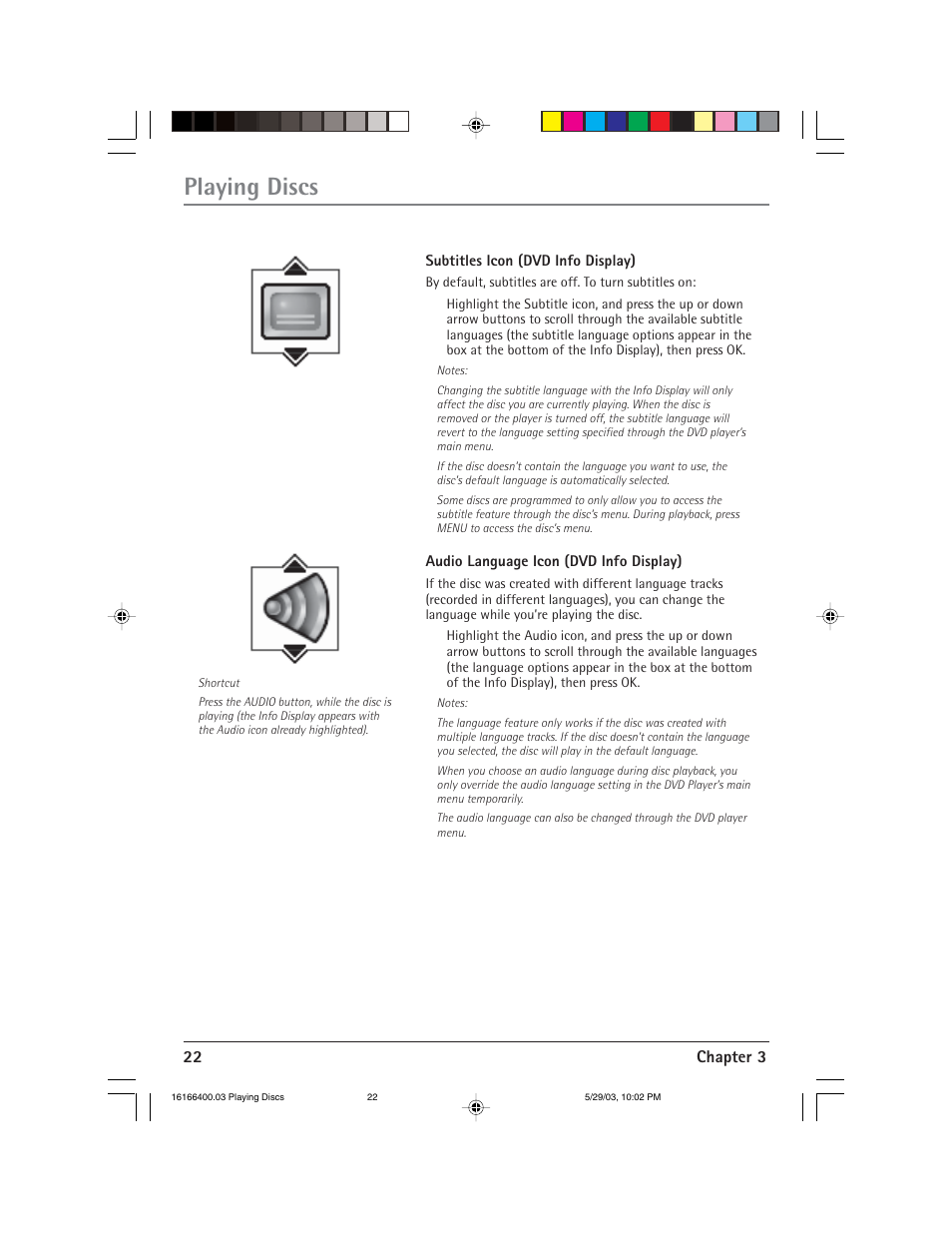 Playing discs, 22 chapter 3 | RCA DVD/VCR User Manual | Page 26 / 68