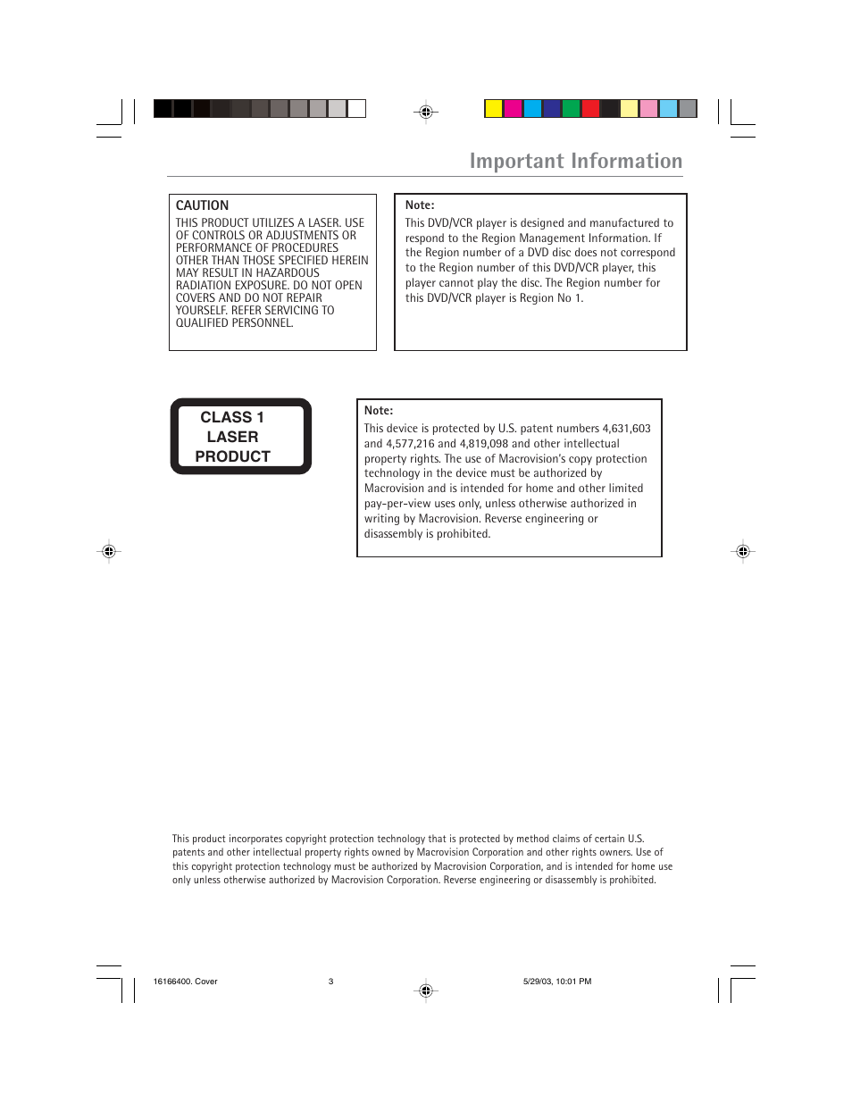 Important information | RCA DVD/VCR User Manual | Page 3 / 68