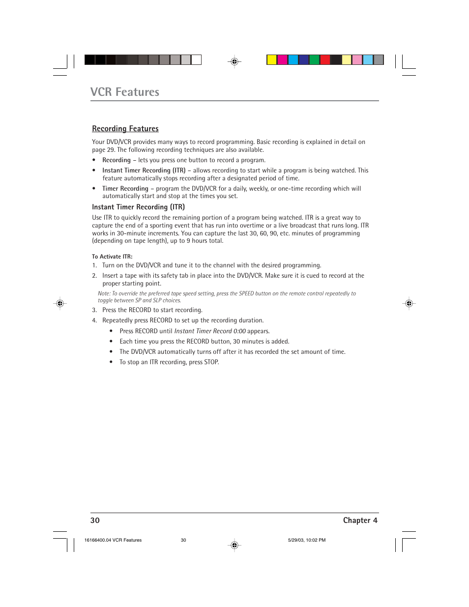 Vcr features | RCA DVD/VCR User Manual | Page 34 / 68