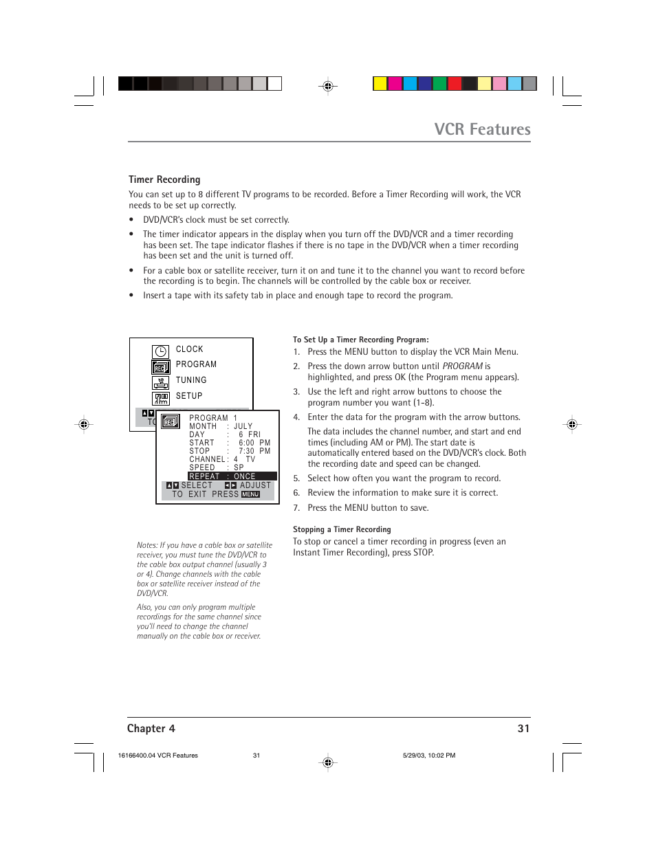 Vcr features, Chapter 4 31 | RCA DVD/VCR User Manual | Page 35 / 68