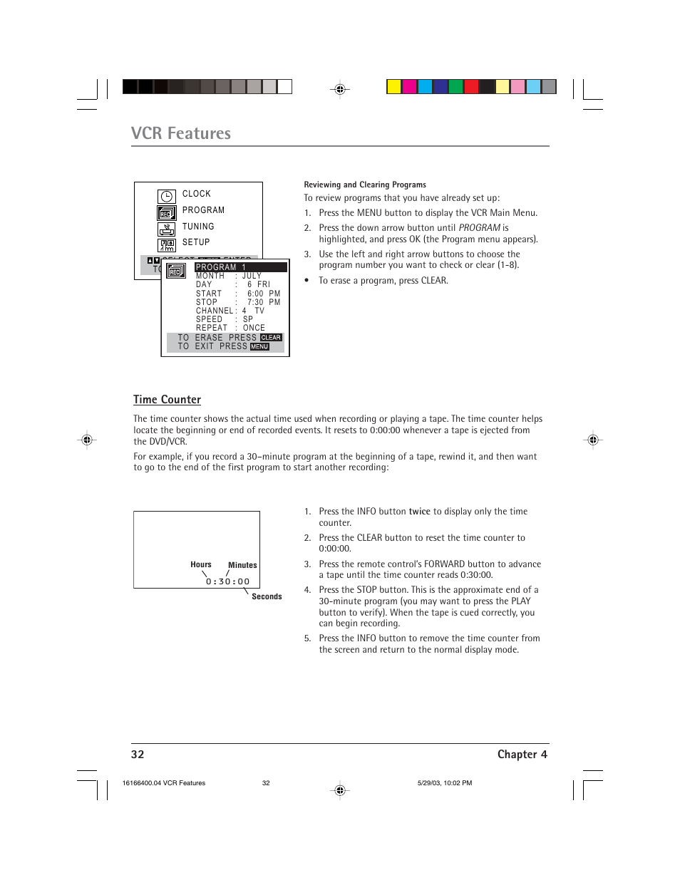 Vcr features, 32 chapter 4, Time counter | RCA DVD/VCR User Manual | Page 36 / 68