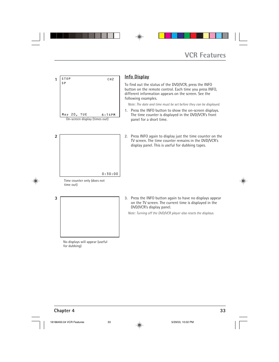 Vcr features, Chapter 4 33, Info display | RCA DVD/VCR User Manual | Page 37 / 68