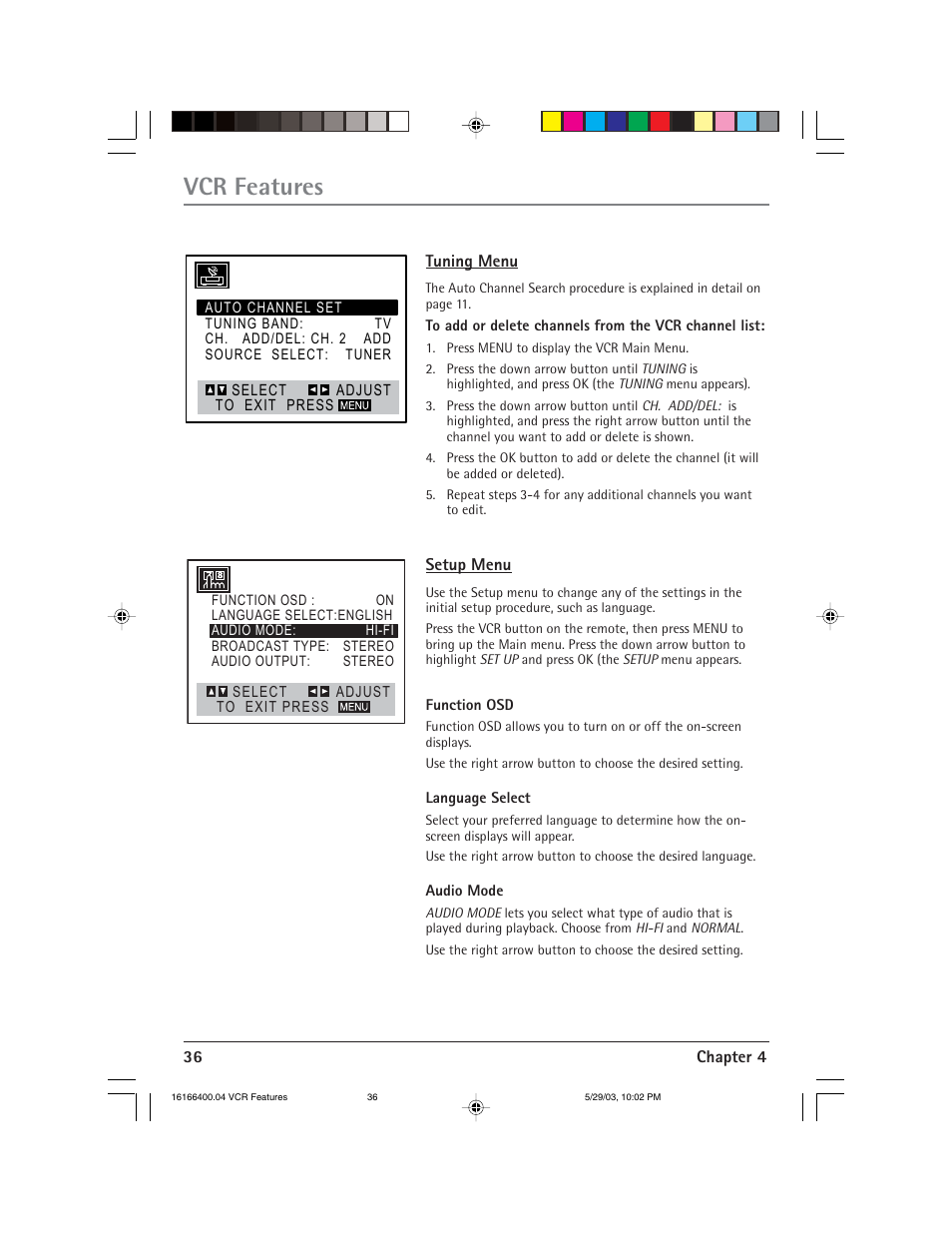 Vcr features | RCA DVD/VCR User Manual | Page 40 / 68