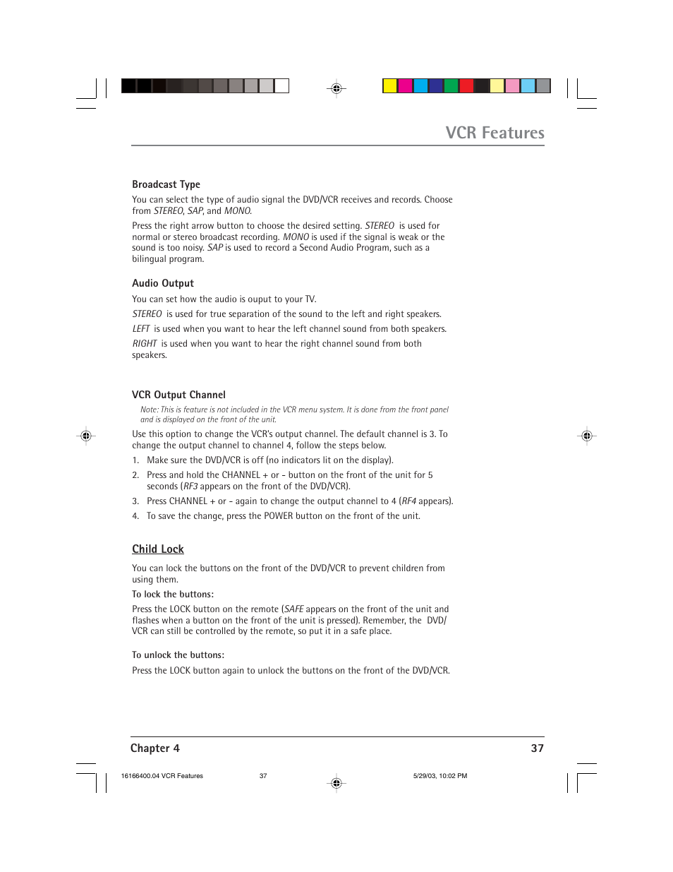 Vcr features | RCA DVD/VCR User Manual | Page 41 / 68