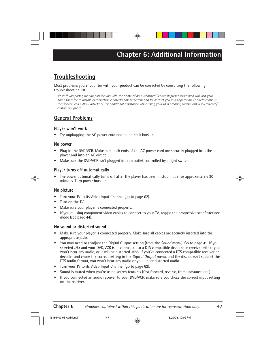 Chapter 6: additional information, Troubleshooting | RCA DVD/VCR User Manual | Page 51 / 68