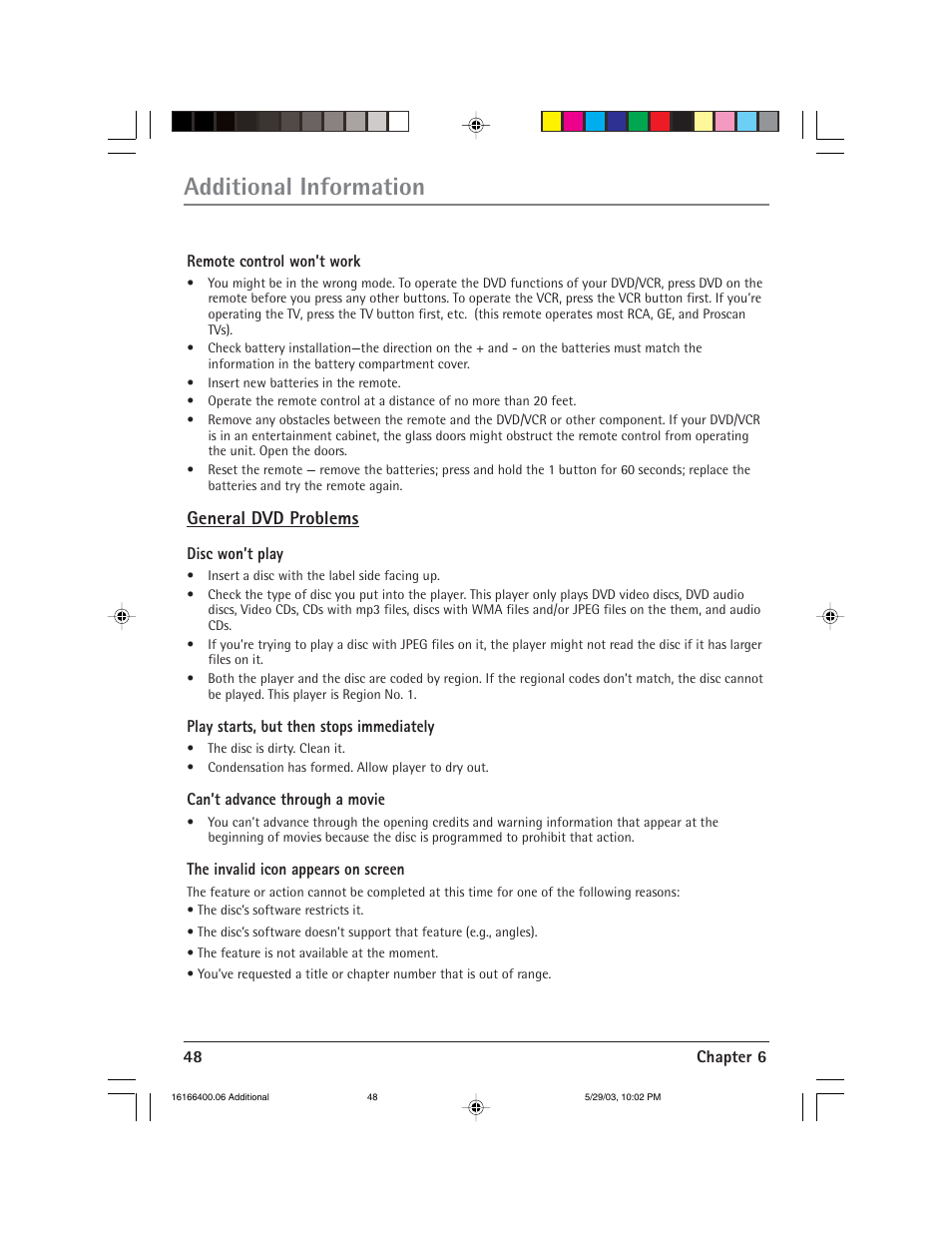 Additional information, General dvd problems | RCA DVD/VCR User Manual | Page 52 / 68