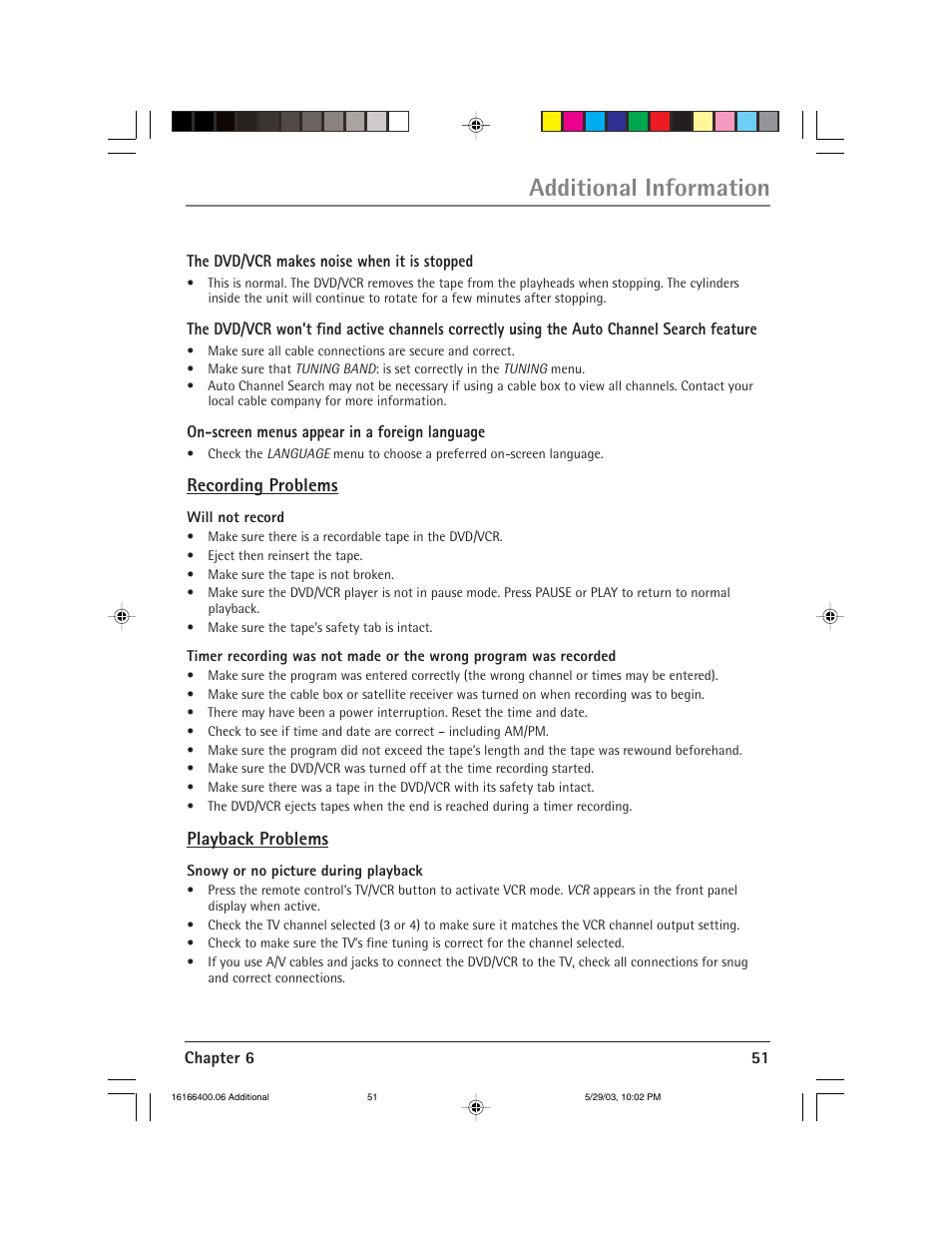 Additional information, Recording problems, Playback problems | RCA DVD/VCR User Manual | Page 55 / 68