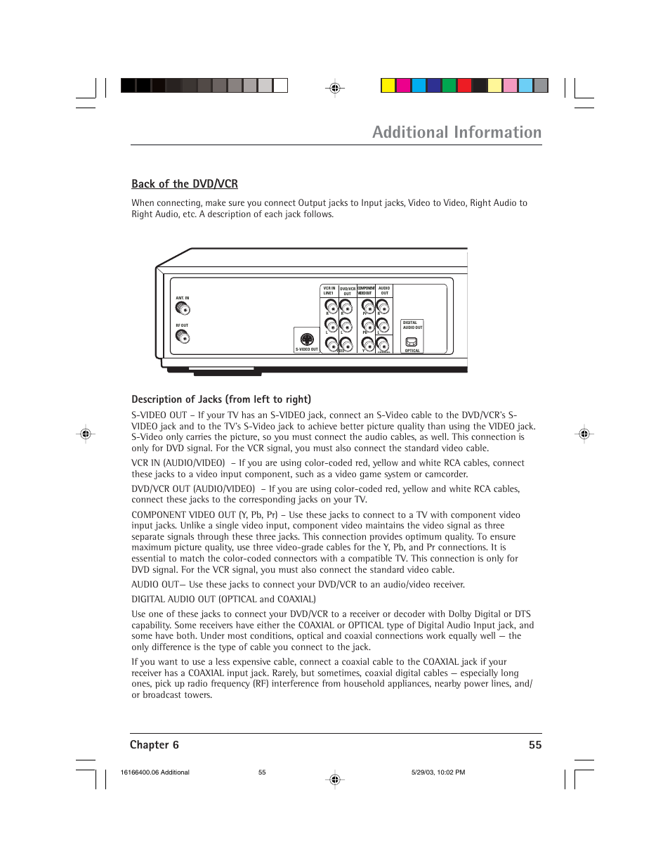 Additional information, Chapter 6 55, Back of the dvd/vcr | Description of jacks (from left to right) | RCA DVD/VCR User Manual | Page 59 / 68