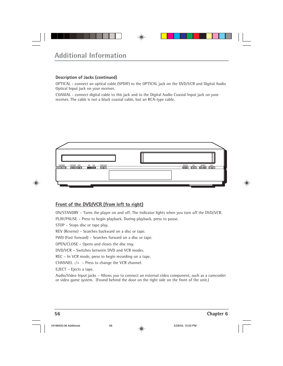 Additional information, 56 chapter 6, Front of the dvd/vcr (from left to right) | Description of jacks (continued) | RCA DVD/VCR User Manual | Page 60 / 68