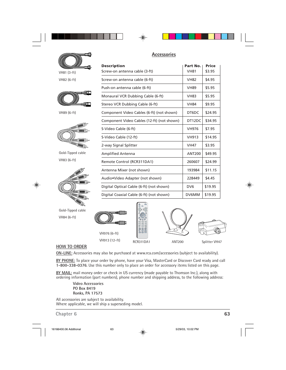 Chapter 6 63, Accessories | RCA DVD/VCR User Manual | Page 67 / 68