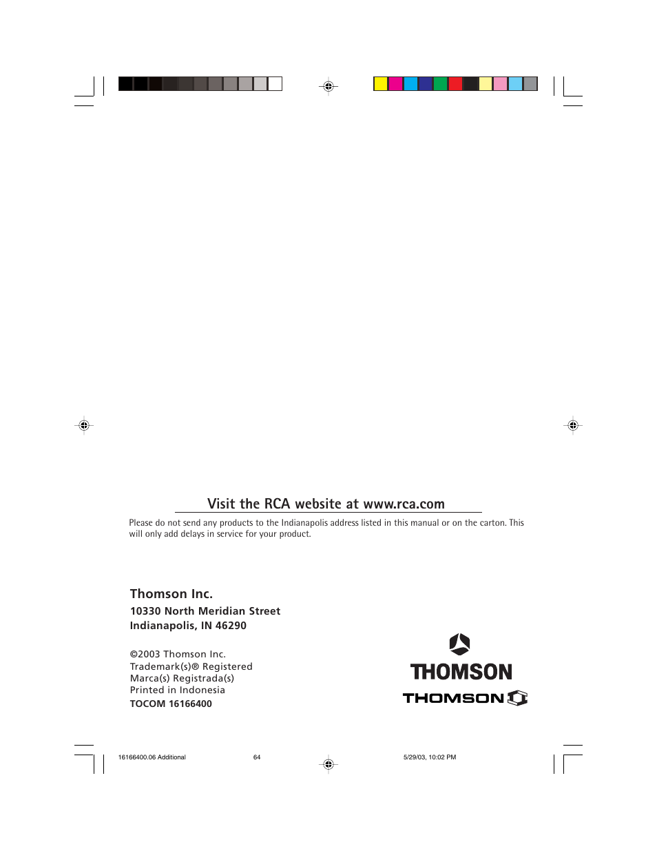Thomson inc | RCA DVD/VCR User Manual | Page 68 / 68