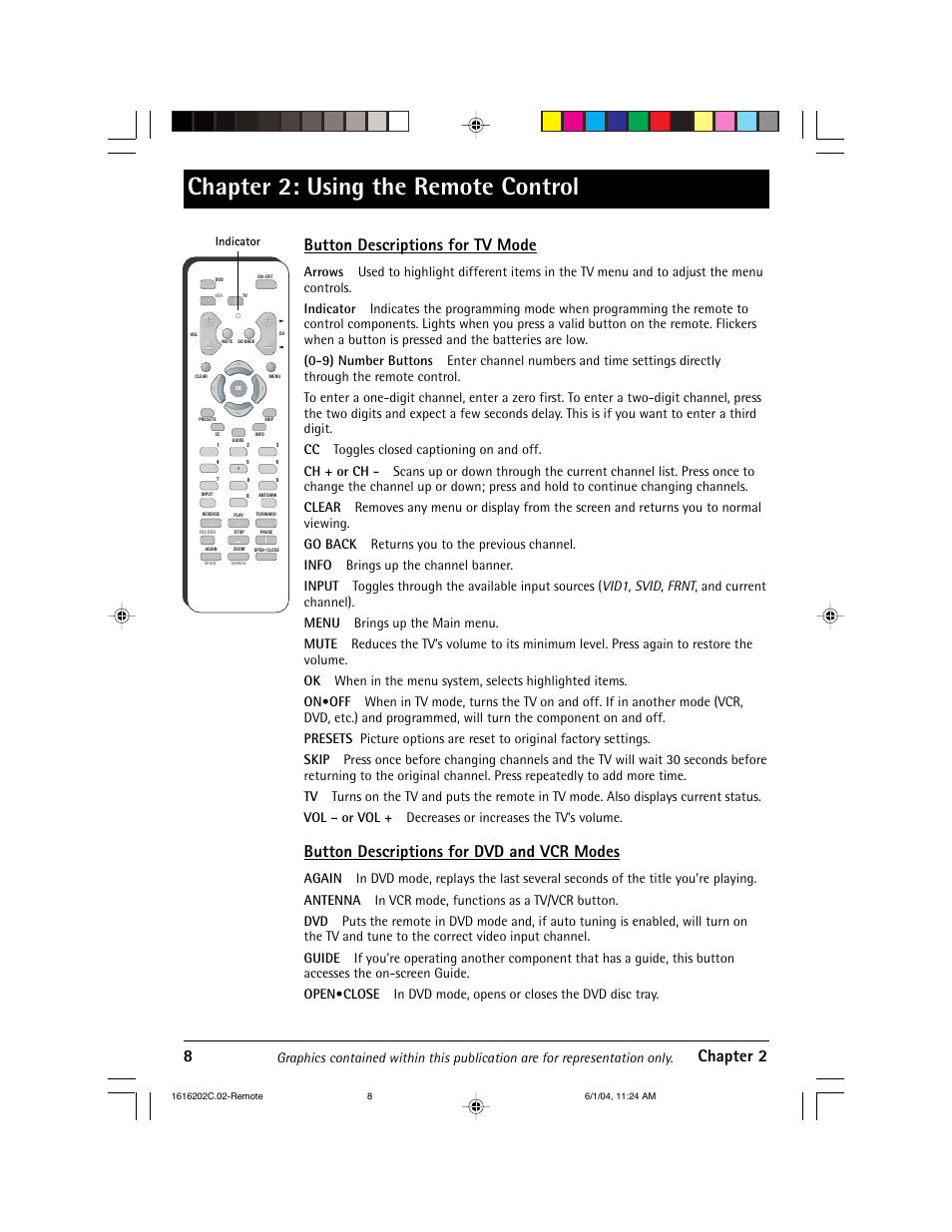 Chapter 2: using the remote control, 8chapter 2, Button descriptions for tv mode | Button descriptions for dvd and vcr modes, Indicator | RCA 20F410T User Manual | Page 10 / 32