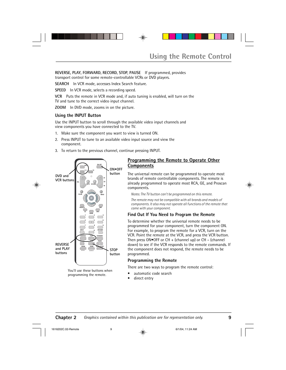 Using the remote control, Chapter 2 9, Programming the remote to operate other components | Using the input button, Find out if you need to program the remote, Programming the remote | RCA 20F410T User Manual | Page 11 / 32