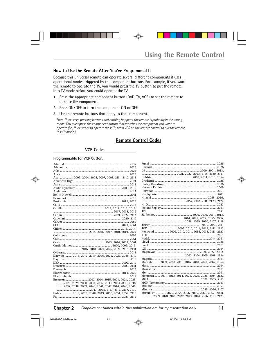 Using the remote control, Chapter 2 11, Remote control codes | How to use the remote after you’ve programmed it, Vcr codes | RCA 20F410T User Manual | Page 13 / 32