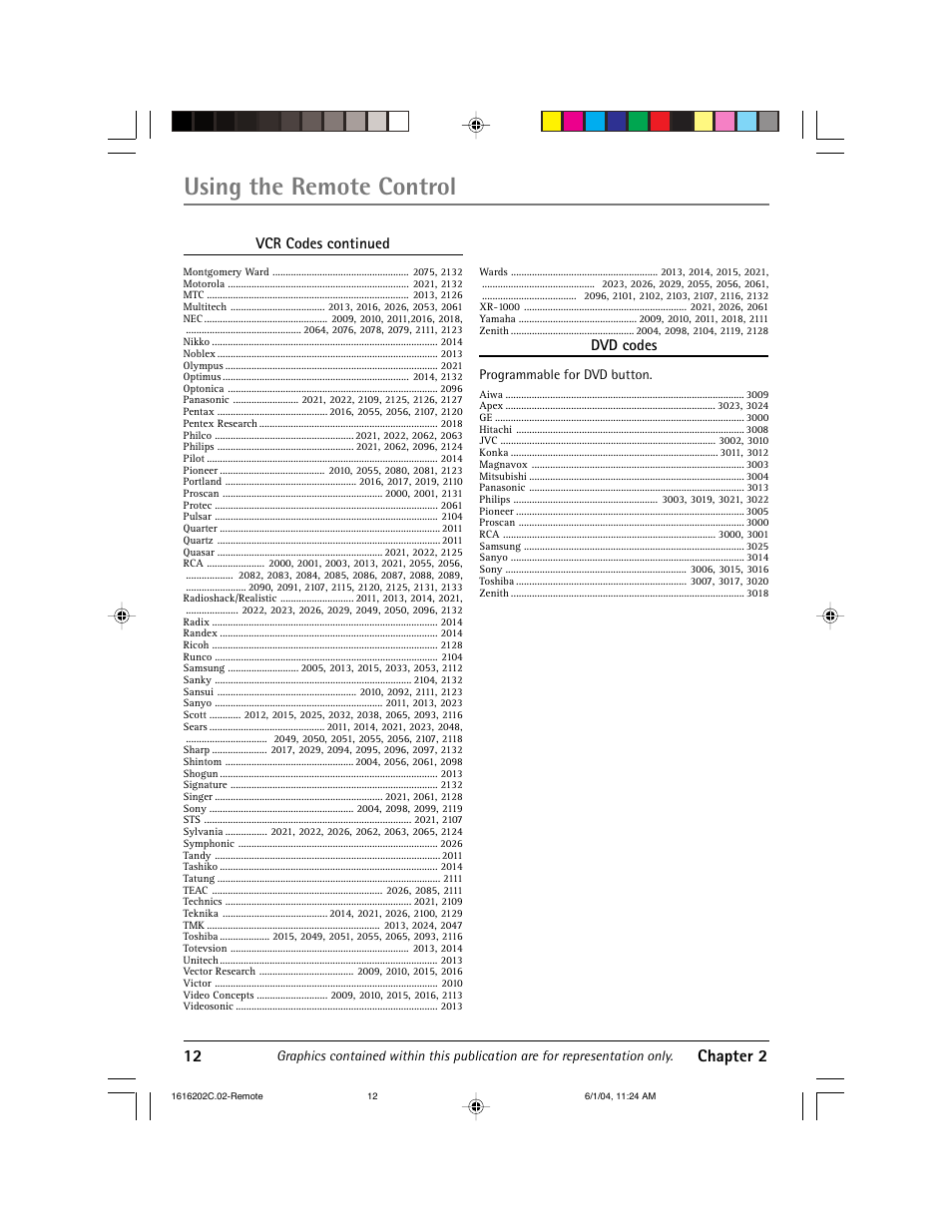 Using the remote control, 12 chapter 2, Vcr codes continued | Dvd codes, Programmable for dvd button | RCA 20F410T User Manual | Page 14 / 32