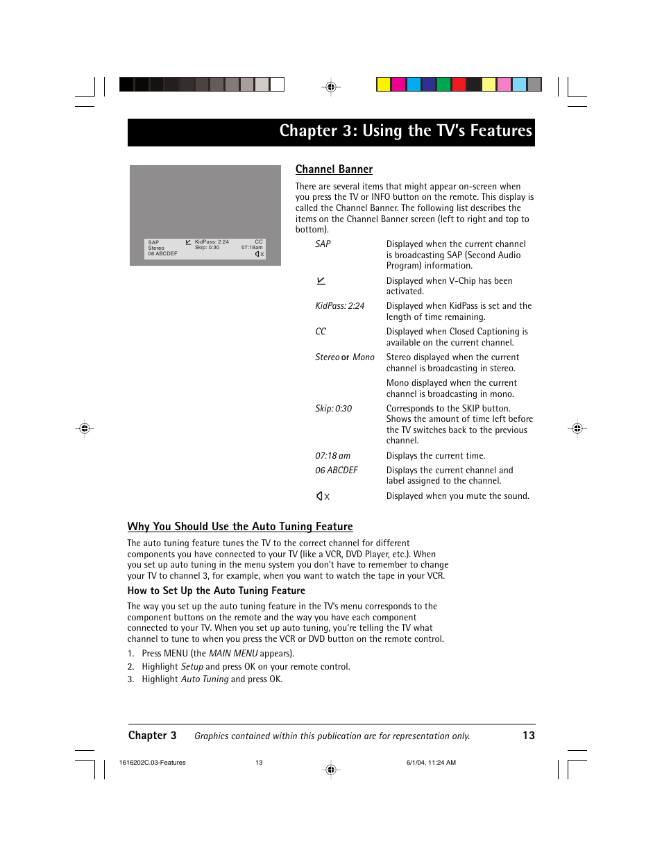 Chapter 3: using the tv’s features, Chapter 3 13, Channel banner | Why you should use the auto tuning feature | RCA 20F410T User Manual | Page 15 / 32