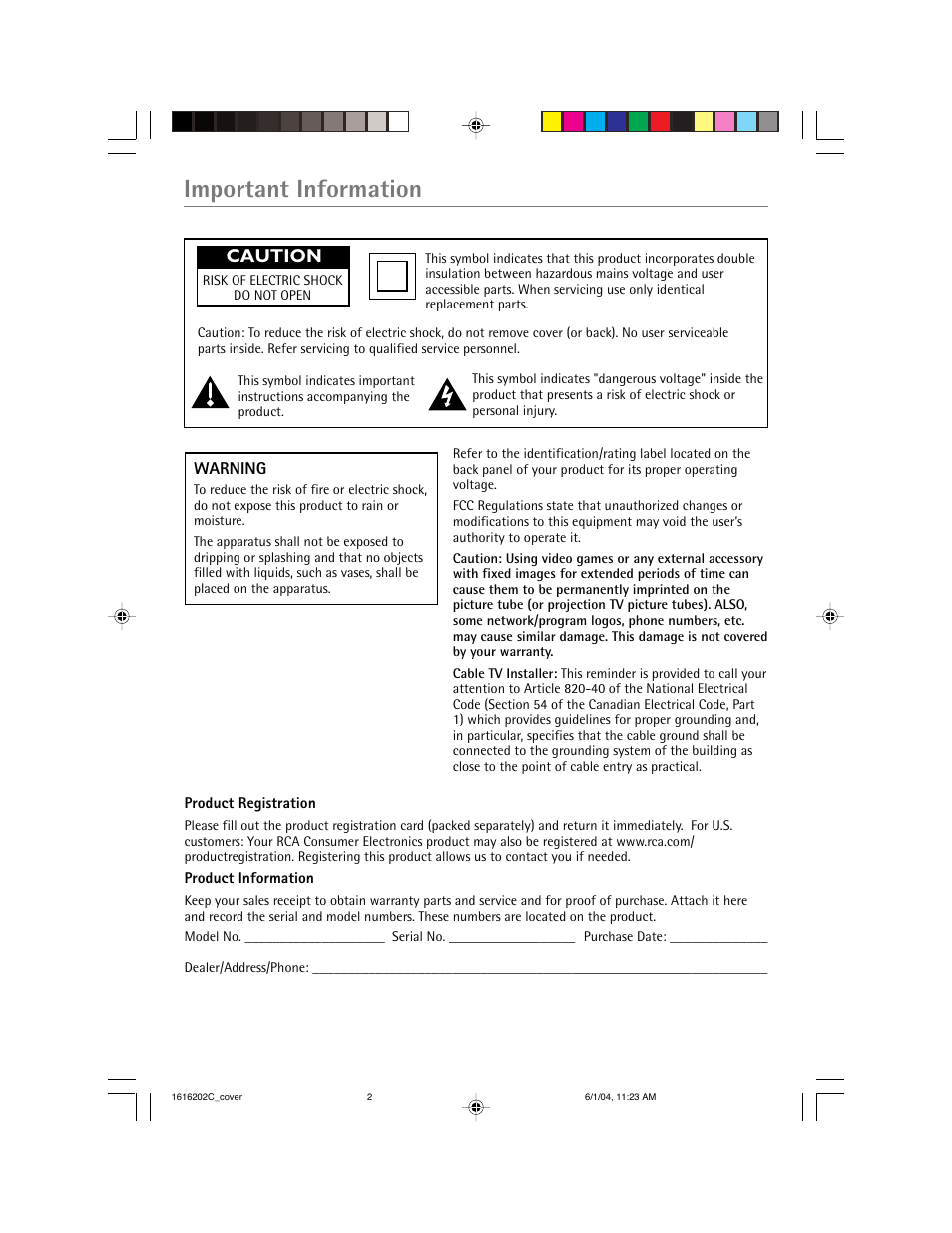 Important information, Caution | RCA 20F410T User Manual | Page 2 / 32