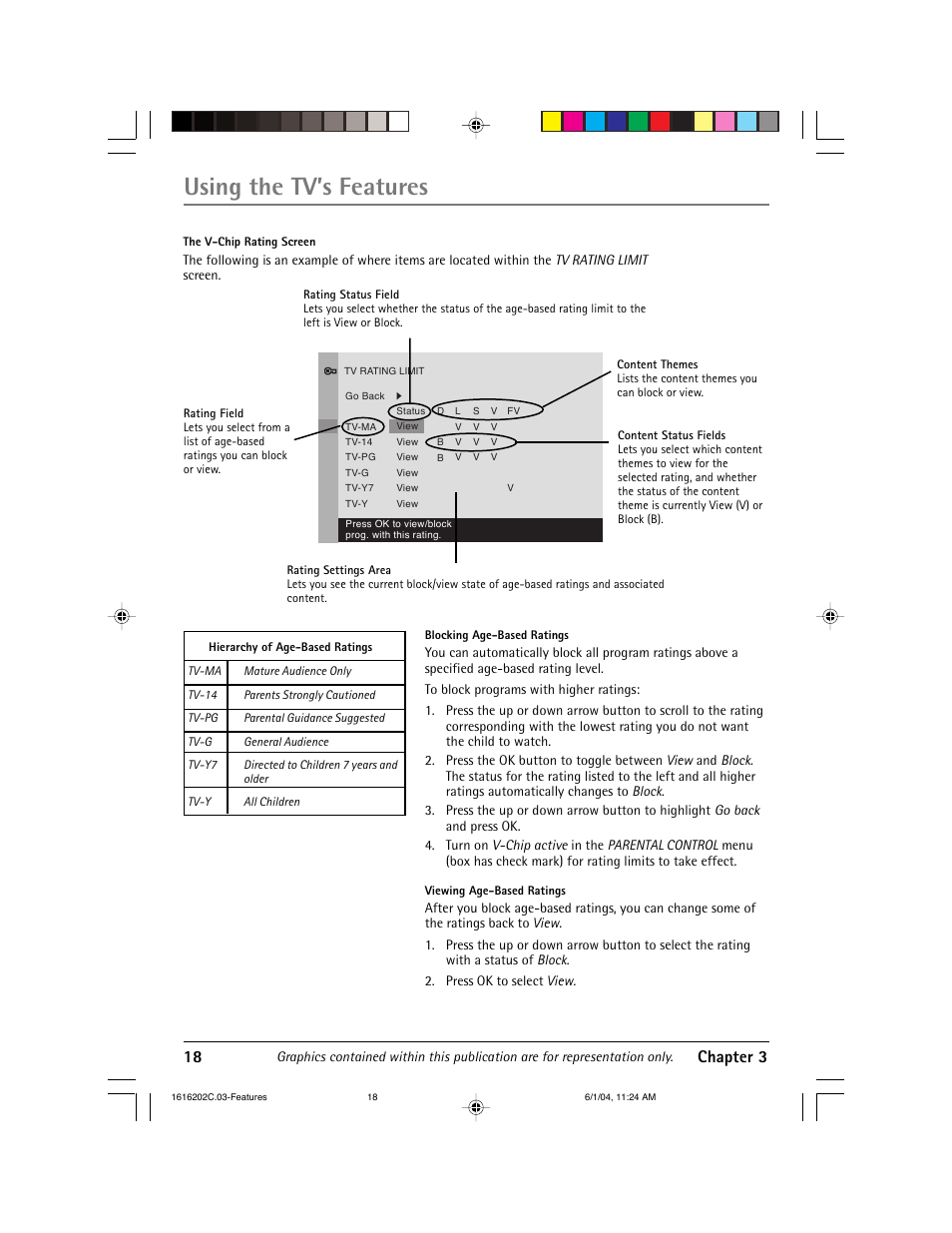 Using the tv’s features, 18 chapter 3 | RCA 20F410T User Manual | Page 20 / 32