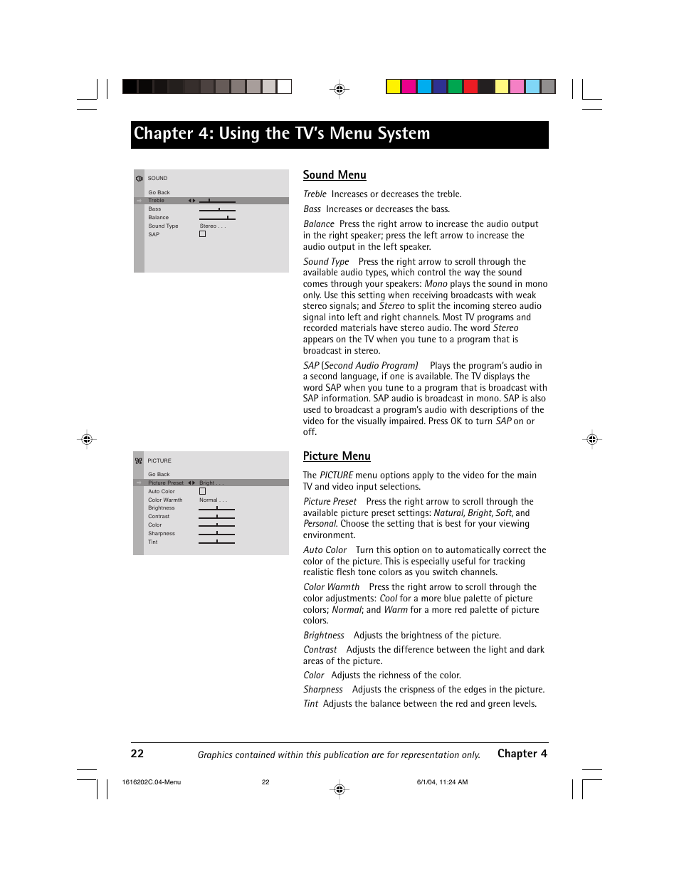 Chapter 4: using the tv’s menu system, 22 chapter 4, Sound menu | Picture menu | RCA 20F410T User Manual | Page 24 / 32