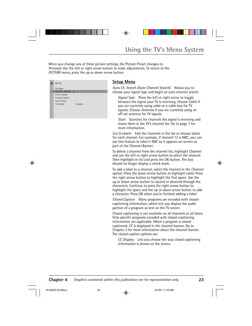 Using the tv’s menu system | RCA 20F410T User Manual | Page 25 / 32