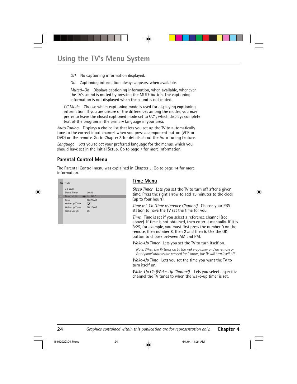 Using the tv’s menu system, 24 chapter 4, Parental control menu | Time menu | RCA 20F410T User Manual | Page 26 / 32