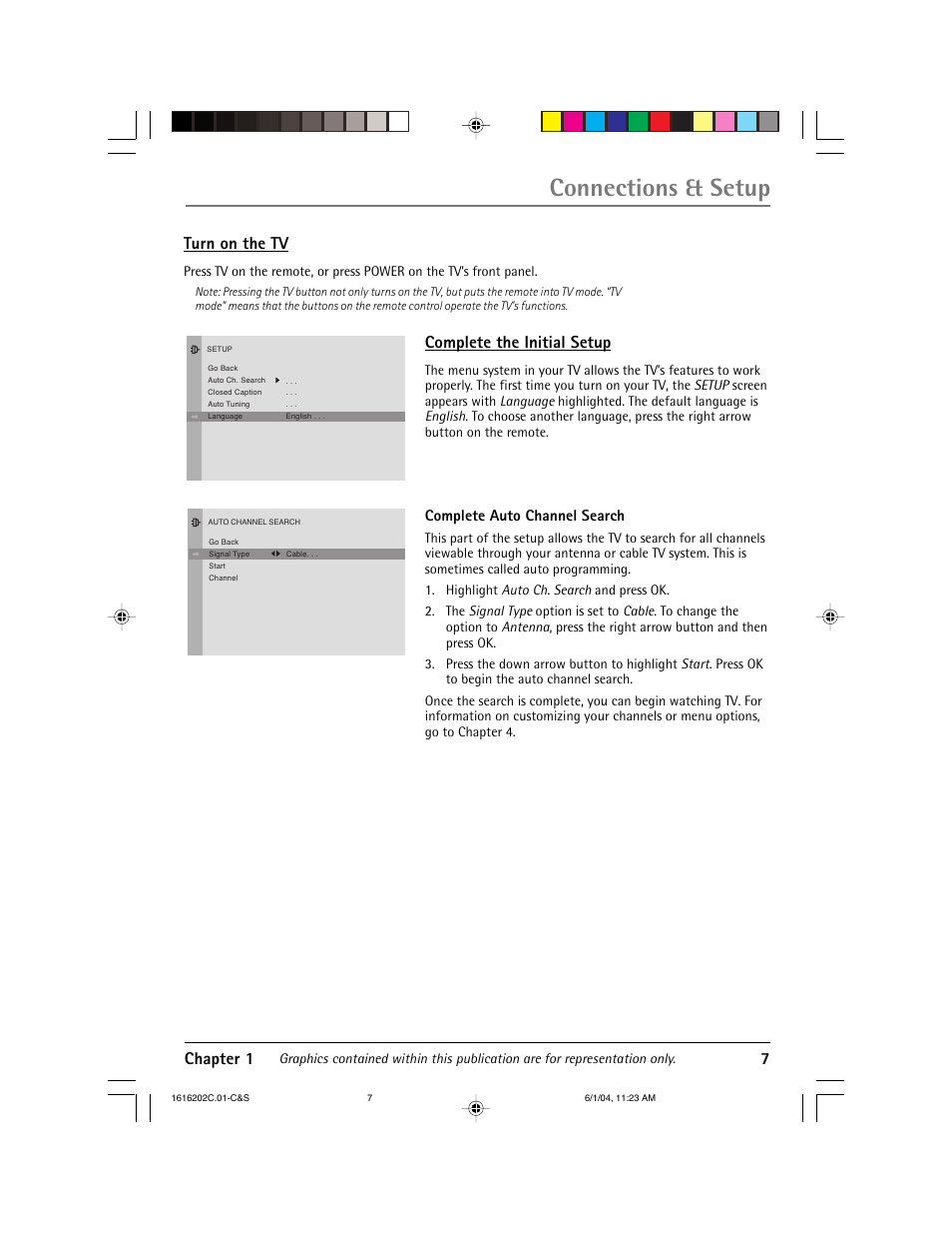 Connections & setup, Chapter 1 7, Turn on the tv | Complete the initial setup | RCA 20F410T User Manual | Page 9 / 32