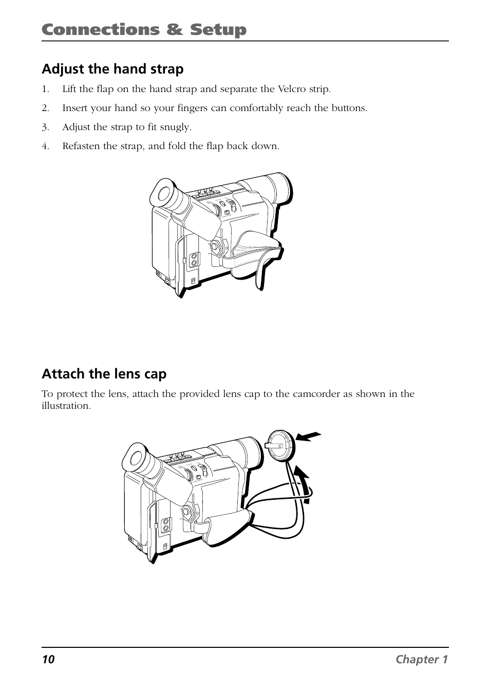 Connections & setup, Adjust the hand strap, Attach the lens cap | 10 chapter 1 | RCA CC6254 User Manual | Page 12 / 104
