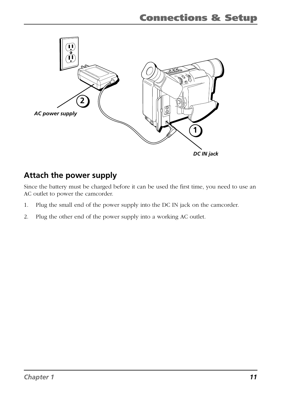 Connections & setup, Attach the power supply, Chapter 1 11 | Dc in jack ac power supply | RCA CC6254 User Manual | Page 13 / 104