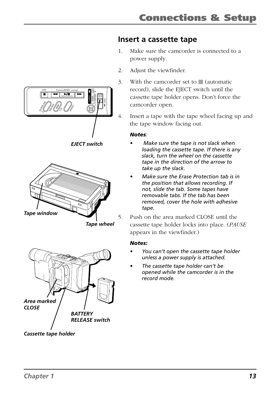 Connections & setup, Insert a cassette tape, Chapter 1 13 | RCA CC6254 User Manual | Page 15 / 104